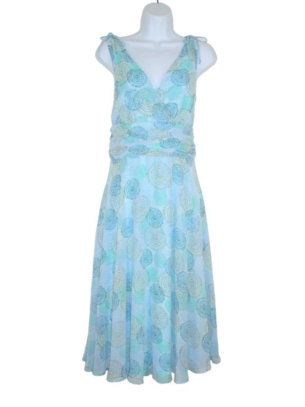 DressBarn Blue Floral Starburst Dress 12 L Lined Sleeveless Wedding Summer